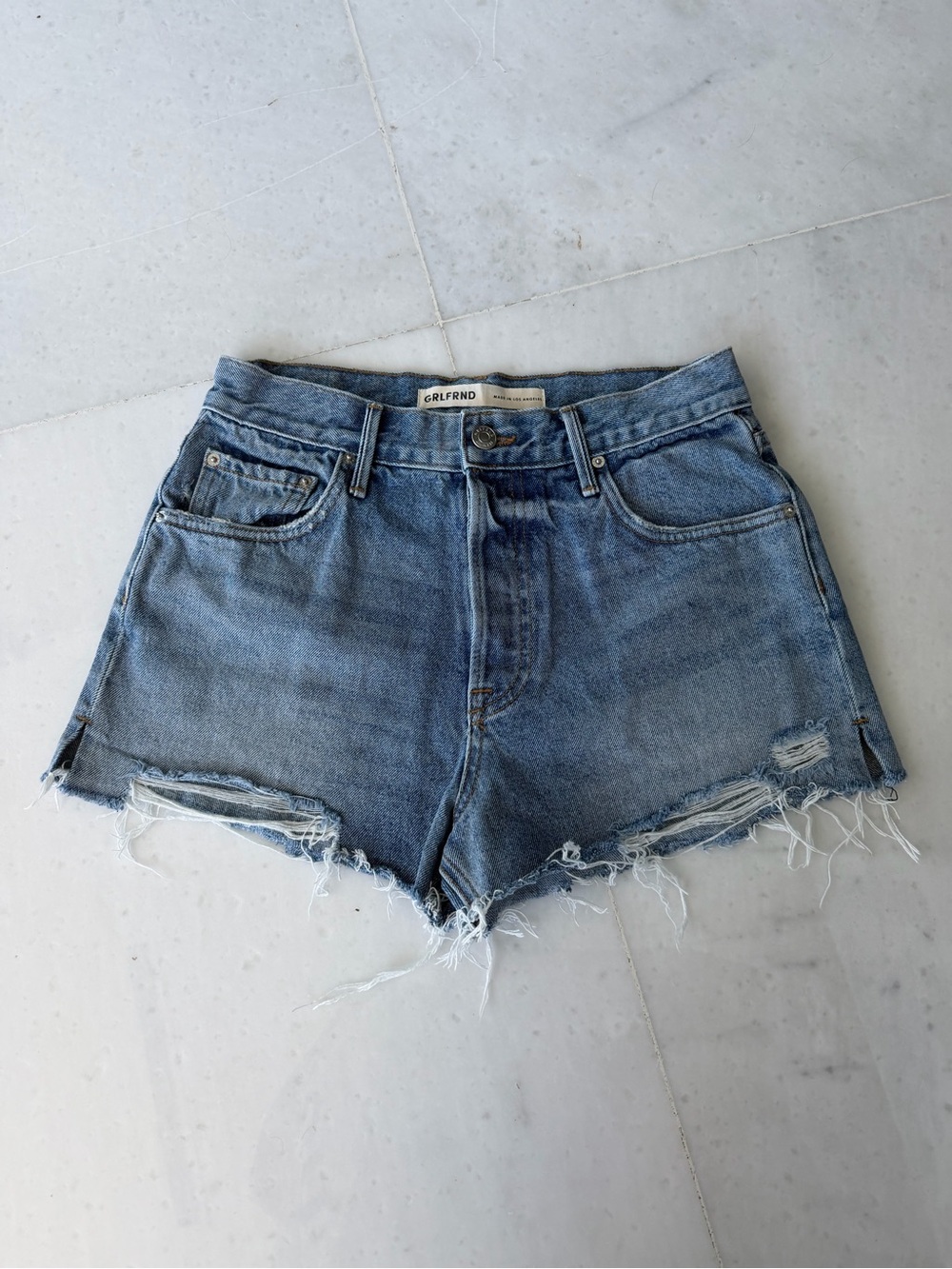 GRLFRND Medium Blue High-Rise Distressed Denim Shorts